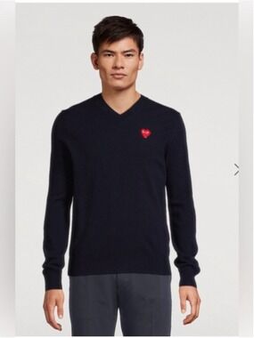 Play Comme des Garcons Men's V-Neck Wool Sweater with Heart Patch Size XL
